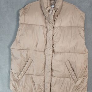 Abercrombie Fitch Womens XL Puffer Winter Vest Oversized Beige Full Zip Pockets